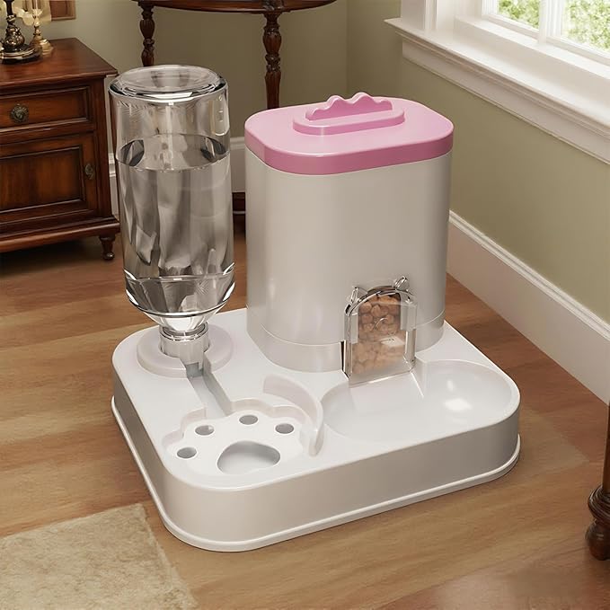 Gravity Pet Feeder and Water Dispenser Set, Cat Food Automatic Feeder and Automatic Dog Feeder and Water, Suitable for Small Pets Such as Cats and Dogs (Pink)