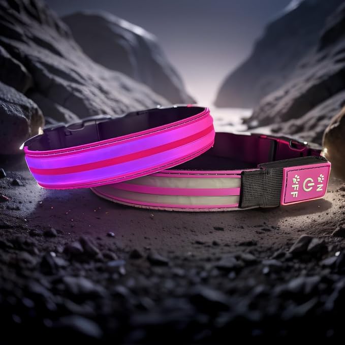Dog Collar with Lights, 15 Lighting Modes Silicone Pet Collar, USB C Rechargeable LED Dog Collar for Night Safety, Adjustable Soft Glowing Collar for Dogs (DB-Pink, XS(7.87-11.8"))