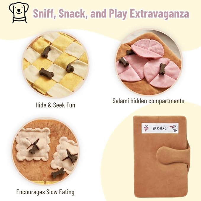 LilRoot Hide and Seek Plush Snuffle Mat Dog Toys Food Mat Nose Work Enrichment Toys Interactive Burrow Activity Cute Dog Funny Toys for Small Medium Dogs (Menu Snuffle Mat)