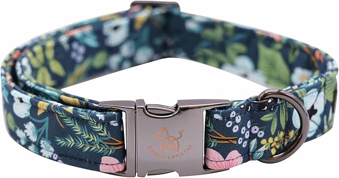 Elegant little tail Dog Collar, Floral Pet Collar Durable Darkblue Flower Dog Collars Male or Female Holiday Pet Gift Adjustable Dog Collar for Medium Dogs