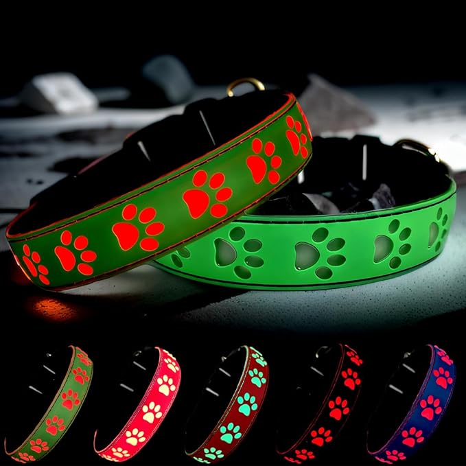 USB-C led Light up Dog Collar, 3D Design Comfortable and Soft Material,Multicolored Lighting，Night Dog Collar (PW-Green, XS(7.87-11.8"))
