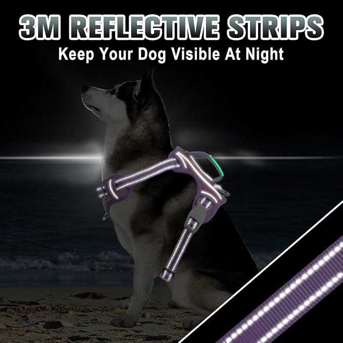 BARKBAY No Pull Dog Harness Large Reflective Dog Harness with Front Clip and Easy Control Handle for Walking Training Running with ID tag Pocket(Baby Pink & Violet Purple,XL)