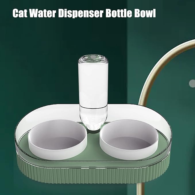 Elevated Dog Cat Bowls, Ceramic Water and Food Bowl Set with Automatic Waterer Bottle, 2 in 1 Cat Food Dispenser with Wet and Dry Food Bowl for Cats and Small Dogs Kitten Puppy(Green)