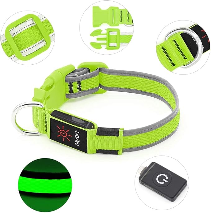 BSEEN LED Dog Collar Light- USB Rechargeable Light Up Dog Collars, Adjustable Mesh Reflective Puppy Collars for Night Dog Walking (Neon Green- Small- Collar)