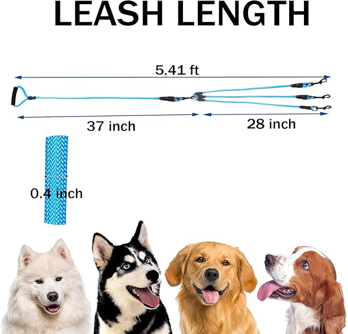 Heavy Duty 3 Dog Leash for Small Dogs No Tangle Detachable 360° Swivel Device with Padded Handle for Two/Three Pets