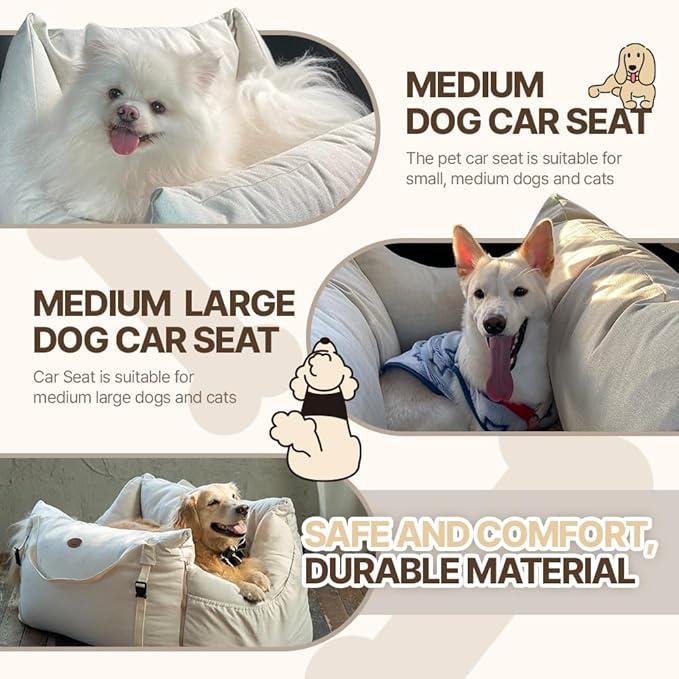 Dog Car Seat for Small Medium Large Dogs, Sofa Fabric&Eco-Friendly Microfiber Velboa, Detachable and Washable Travel Dog Booster with Thick Cushion (Vanilla Latte, L)