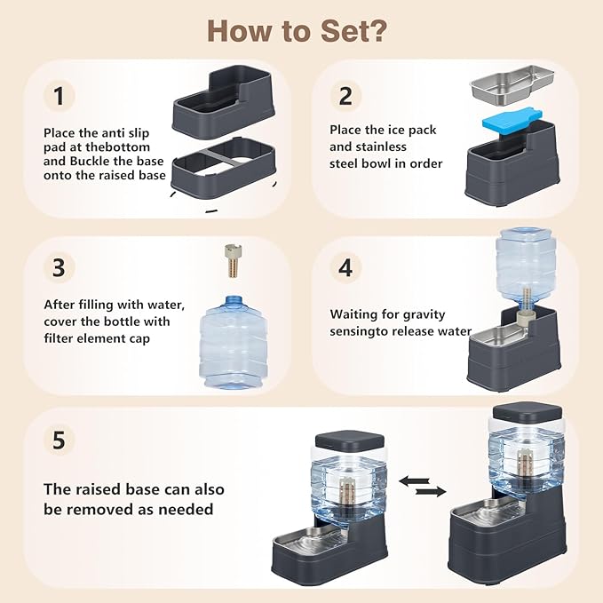 1.6 Gallon Pet Automatic Dog Water Dispenser Cat Gravity Waterer Feeder with Stainless Steel Bowl Large Capacity Puppy Feeding Raised Bowls with Filter,Ice Pack