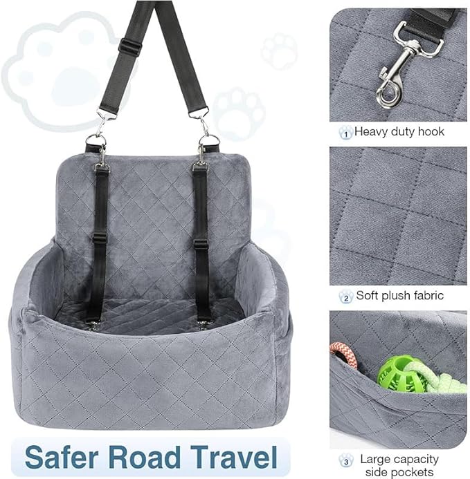 Deluxe Pet Car Seat, Booster Car Seats with Thick Cushionb for Dogs Up to 20 lbs, Detachable Washable Pet Travel Safety Bed with 2 Storage Pockets,and 2 Safety Belts (Black)