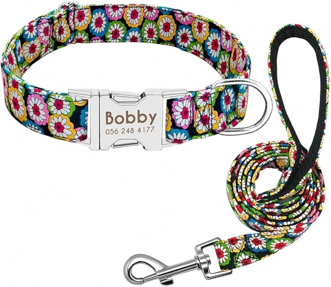 Personalized Dog Collar Leash Nylon Print Small Dog Collars and Lead for Small Medium Large Pet Pitbull German Shepherd Puppy Red Flower Set S