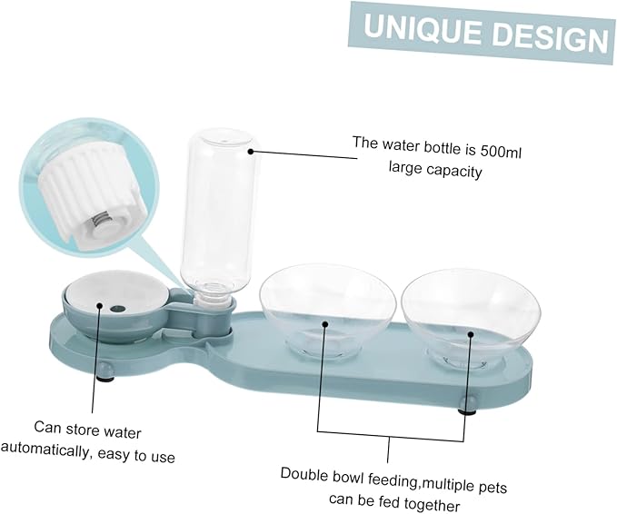 Balacoo Pet Food Holder Tilt Double Bowels Automatic Water Dispenser Bottle Cat Water Feeder Blue