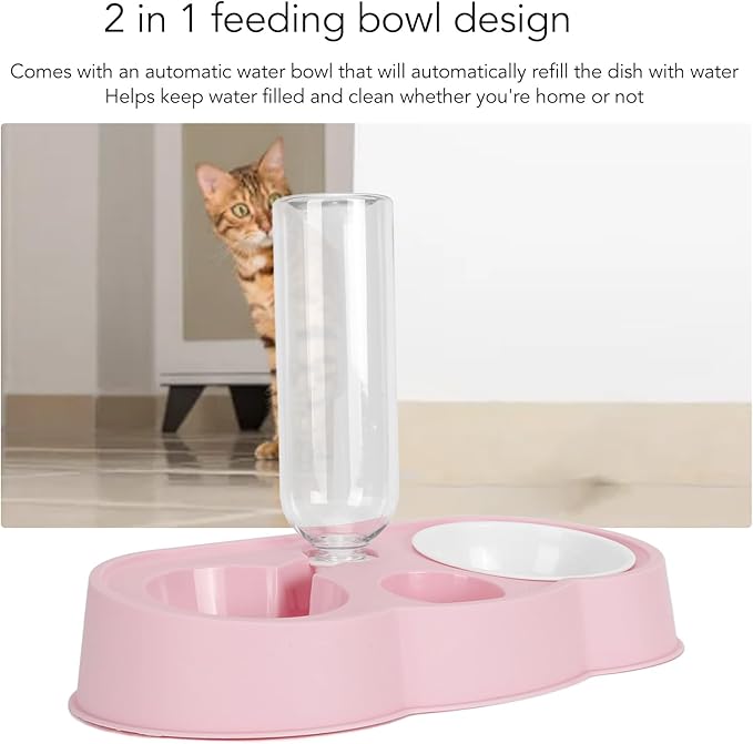 Pet Water and Food Bowl Set, Stable Prevent Slip Double Pet Bowls with Automatic Water Dispenser Bottle, Double Dog Cat Bowls Pet Feeding Bowls for Cats Small Dogs(Pink)
