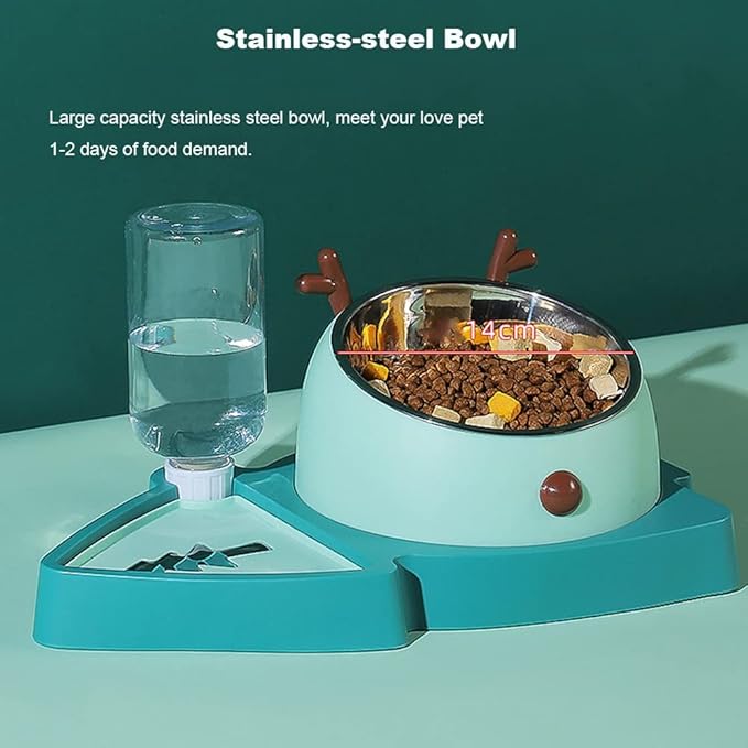 2-in-1 Double Dog Cat Bowls, Pet Water and Food Bowl Set, 320ml Automatic Water Dispenser Detachable Stainless Steel Bowl No-Spill Dog Waterer, Pet Feeder Auto Pets Waterer for Cat and Small Dog