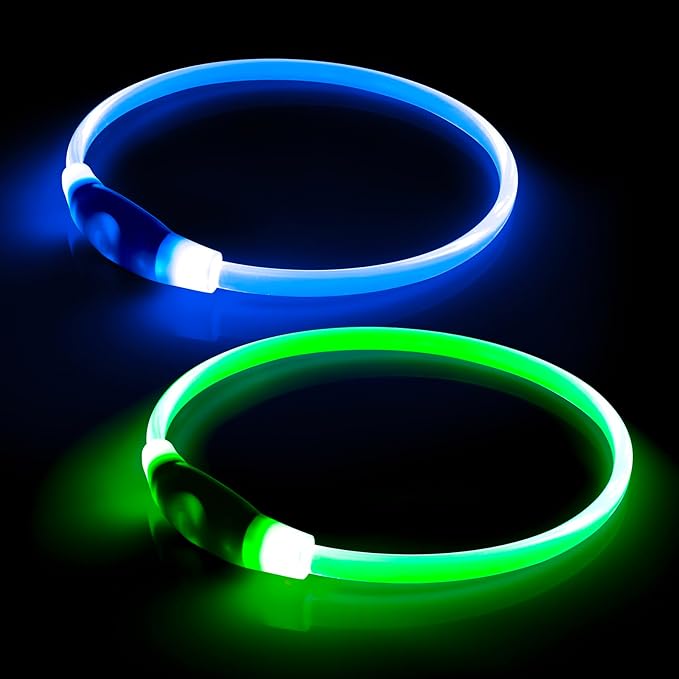 【2-Pack】 Rechargeable LED Dog Light Up Collar Set - Illuminate Night Walks with Universal Safety Light for Small, Medium, and Large Dogs (Green&Blue)