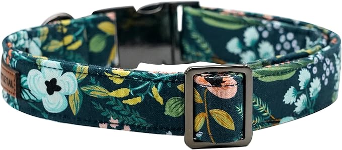 Elegant little tail Dog Collar, Floral Pet Collar Durable Darkblue Flower Dog Collars Male or Female Holiday Pet Gift Adjustable Dog Collar for Medium Dogs