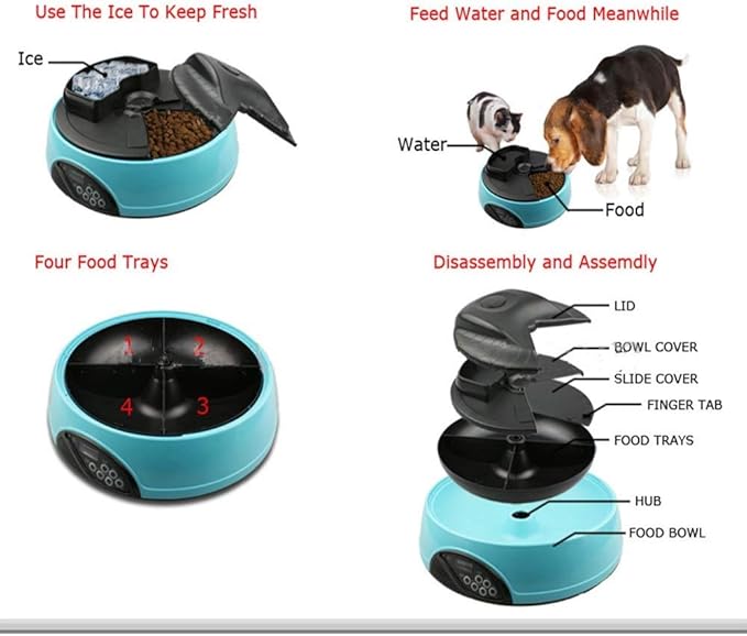 Ice Compartment Pet Automatic Feeder Cat Dog Feeding Dog 4 Meals Automatic Feeding Device Round Timing Quantitative Portable (Color : Yellow) (Blue)