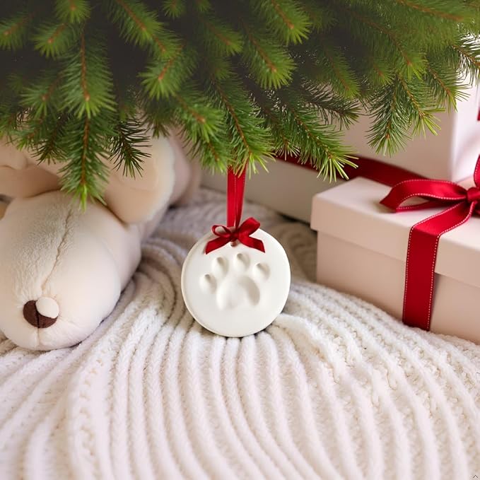 Pearhead Clay Pawprint Christmas Ornament, Pet Owner Holiday Gift, Dog or Cat Paw Print Keepsake, DIY Pawprint Hanging Ornament, Classic Red Ribbon