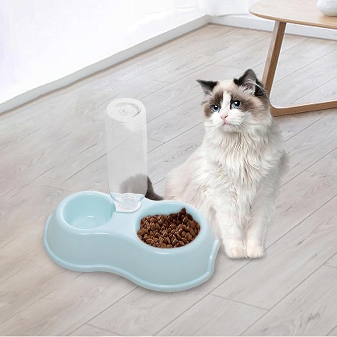 Double Cats Dogs Bowls Automatic Waterer Bottle Puppy Drinker Dish Pet Feeding Station Pets Water and Food Bowl Set for Small Animals Bunny, Blue
