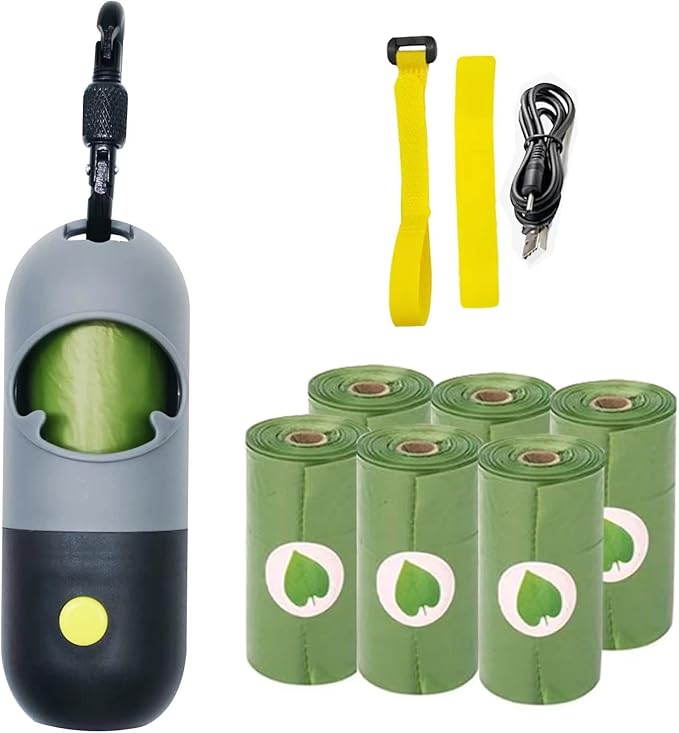 Dog Poop Bag Holder with 7 Rolls of Green Dog Waste Bags Poop Bag Holder with Rechargable Battery and USB Cable Poop Bag Dispenser with LED Flashlight (Grey)