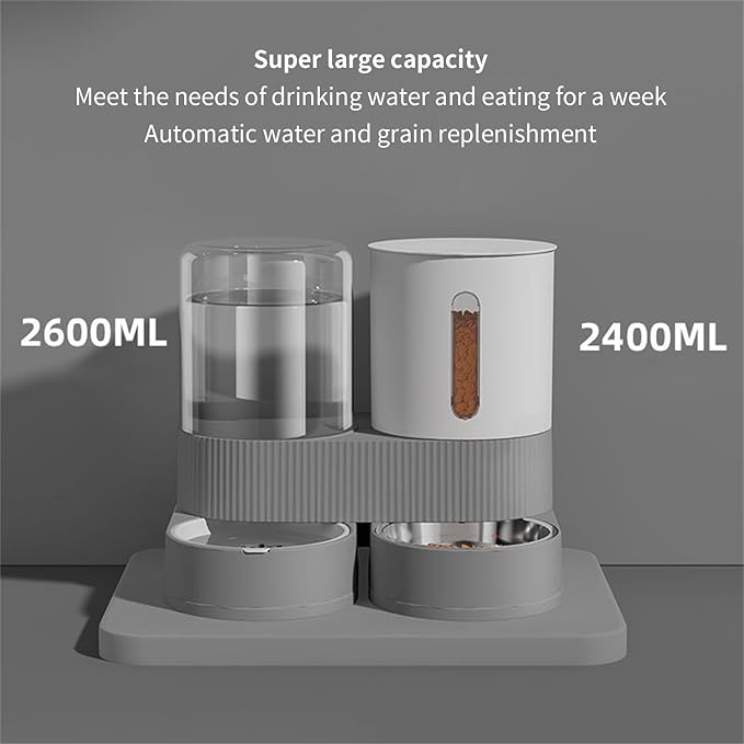 Automatic Pet Feeders with Removable Stainless Steel Bowls, Anti-Slip Base & Integrated Water Dispenser for Dogs Spill Elevated Bowl