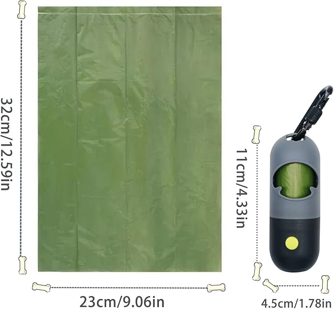 Dog Poop Bag Dispenser with LED Flashlight Poop Bags Holder with 7 Rolls Green Dog Waste BagsPet Garbage Bags Carrier with Carabiner 2 Hook&Loop Fastener 9 LR44 (Grey)