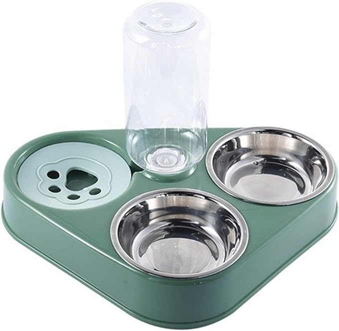3 in 1 Pet Dog Bowl with Water Bottle Cat Automatic Drinking Food Double Bowls Stainless Steel(3 in 1 Green)