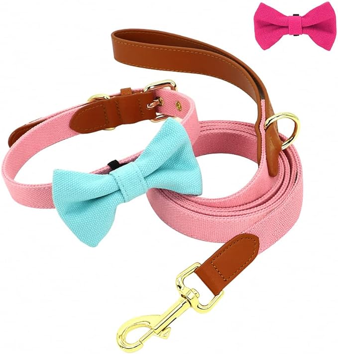 Small Dog Collar Leash Set Nylon Pet Collars Walking Lead Cute Puppy Bowknot Necklace for Small Medium Dogs Cats Adjustable Pink Set S