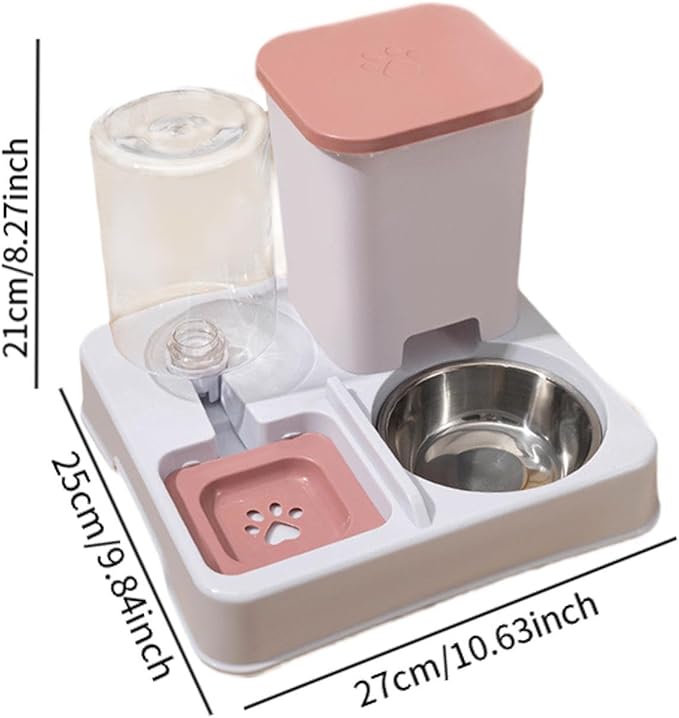 Automatic Dog Cat Feeder Dry and Wet Separation Smooth Surface Removable Eating and Drinking Bowl for Dogs Small Animal Puppy- Pink White