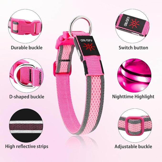 Illumifun Light Up Dog Collar, USB Rechargeable LED Dog Collar Glow in The Dark, Waterproof Reflective Dog Safety Light for Your Dogs Walking at Night (Large, Light Pink)
