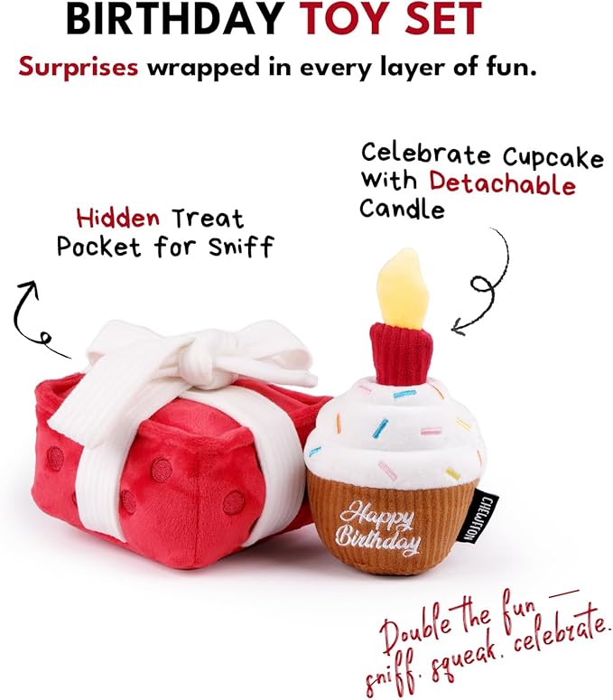 CHEWFFON Dog Birthday Toy, Interactive Snuffle Treat Dispensing Puzzle Toy with Gift Box Design, Squeaky & Crinkle Plush Dog Toys, Suitable for All Breeds