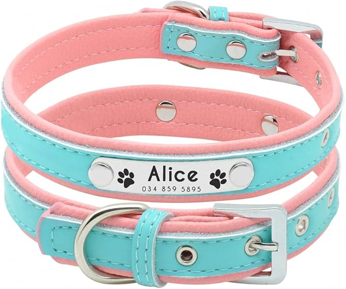 Personalized Dog Collars Leather Padded Customized Dogs Collars Name ID Collar for Small Medium Dogs Cats Blue Pink Black Red