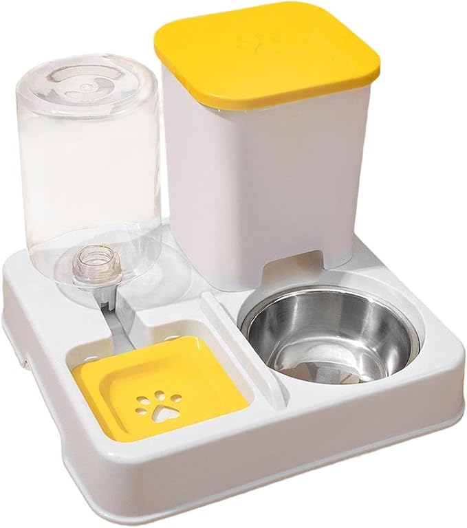 Automatic Dog Cat Feeder Dry and Wet Separation Smooth Surface Removable Eating and Drinking Bowl for Dogs Small Animal Puppy- Yellow White