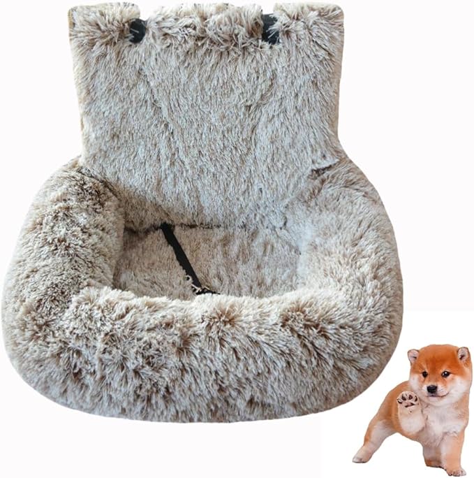 Dog Car Seat with Seat Belt Car Seat Dog Bed, Furry Safety Seat for Large and Small Dogs, Travel Pet Bed with Thick Cushions (Gradient Khaki, 72×60cm)
