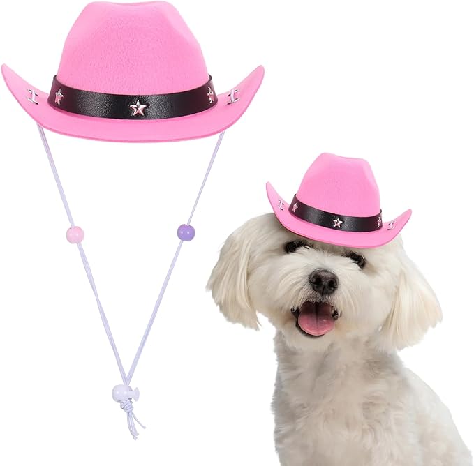 Dog Cowboy Hat, Mini Cowboy Hat for Pet with Chin Strap Adjustable Cosplay Cap Star Decor, (Pink, L), Intended for Dogs and Cats/Halloween Costume/Party Decoration