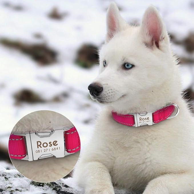 Personalized Dog Collar Durable Nylon Reflective Collar Custom Pet Dogs Collars for Small Medium Large Dogs Rose M