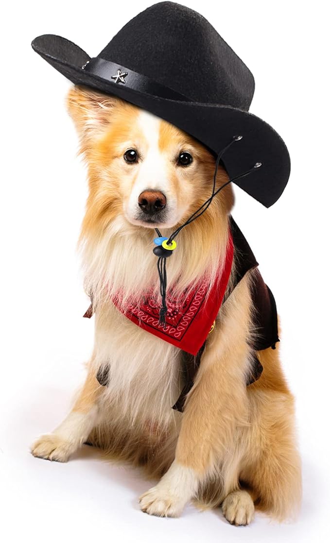Yewong Pet Cowboy Costume Accessories Dog Cat Pet Size Cowboy Hat and Bandana Scarf West Cowboy Accessories for Puppy Kitten Party Festival and Daily Wearing Set of 2 (Black)