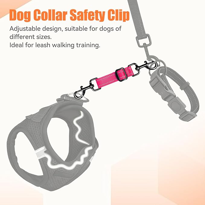 Dog Collar Safety Clip, Adjustable Backup Safety Strap, Double-Ended Leash Connector, High Reflectivity, Suitable for Dog Harnesses to Collar Safety Clips (Pink)
