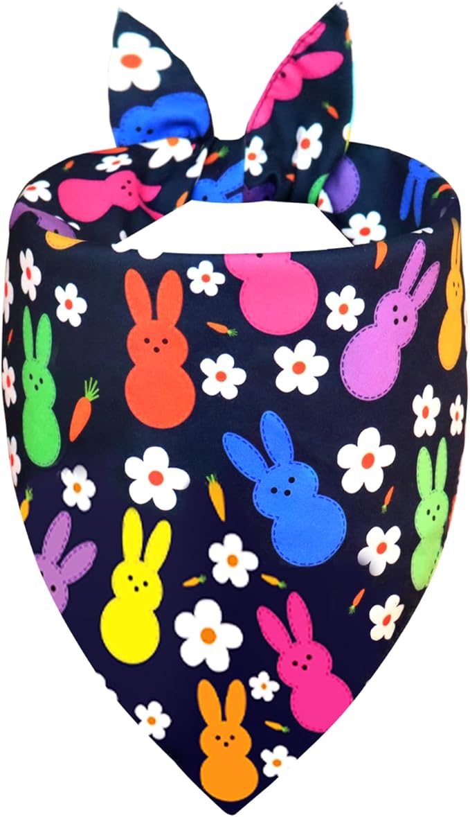 Easter Dog Bandana for Small Medium Dogs 9-14" Neck - Reversible Navy Bunny & Pastel Stripes Scarf, Cute Pet Accessory for Spring Gift