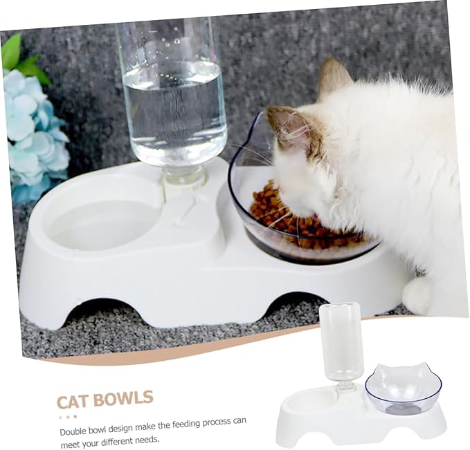 Multi-Function Pet Bowl Set Automatic Water Feeder for Cats and Dogs Dual-Bowl Design with Tilt for Comfortable Eating and Drinking Suitable for Small to Medium Pets White