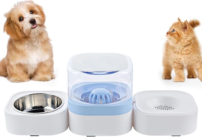 2 in 1 Pet Automatic Water Dispenser and Food Bowl Set, Durable & Detachable Stainless Steel Feeder Bowl,No-Spill Self-Dispensing Gravity Waterer for Small Dogs and Cats1.8L