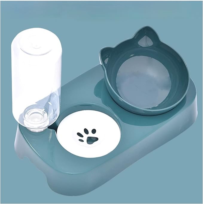 Pet Dog Bowl Automatic Cat Food with Water Fountain Drinking Raised Stand Dish Bowls and Dush(Green)