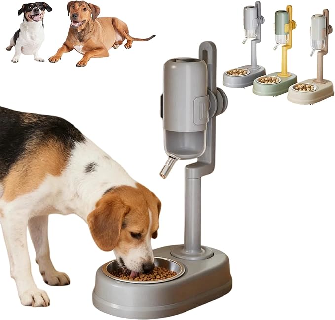 Pet Standing Water Dispenser Feeder Bowl, Dog Automatic Food Dispenser with Water Bottle Combined Bowl, Double Layer Pet Drinking Water Feeder for Both Cats and Dogs (Grey)