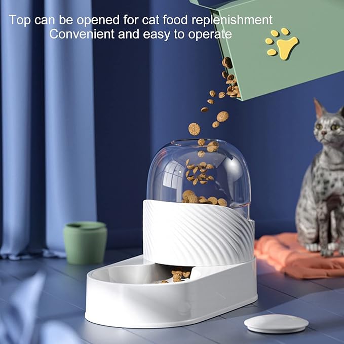 Automatic Dog Cat Feeder and Water Dispenser Set, Large Capacity 2L Gravity Pet Food Feeder Dog Water Bowl Dispenser, Easily Clean Self Feeding for Small Large Pets Dogs Cats (White)