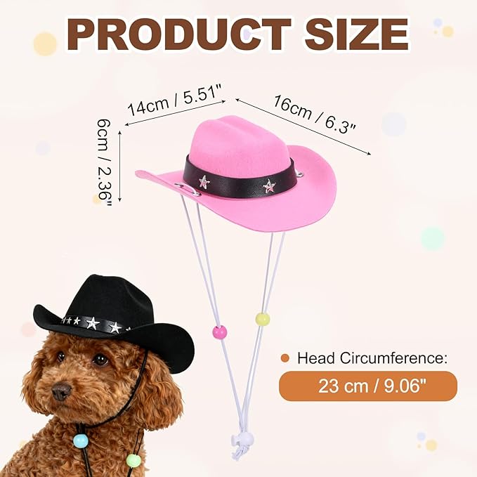 Dog Cowboy Hat, Mini Cowboy Hat for Pet with Chin Strap Adjustable Cosplay Cap Star Decor, (Pink, M), Intended for Dogs and Cats/Halloween Costume/Party Decoration