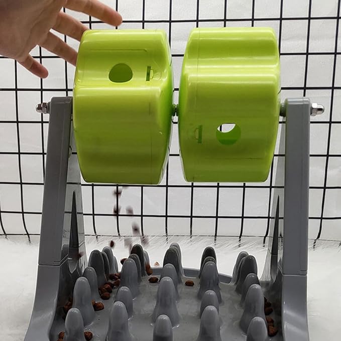 FAVOMOTO Automatic Dog Food Dispenser Slow Feeder Bowl, Anti-Choking Plastic Pet Feeding Tool with Rotating Food Puzzle, Gray and Green for Puppy Training and Interactive Feeding