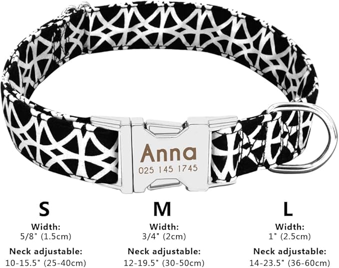 Personalized Dog Collar Nylon Print Dog Collars Customized Puppy Pet Collar Engraved Name ID for Small Medium Large Big Dogs Pug 012 Black L