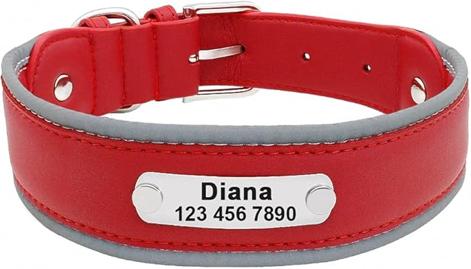 Reflective Large Dog Collar Leather Personalized Pet Dog Collars coleira para cachorro for Big Pit Bull Dogs German Shepherd Red XL