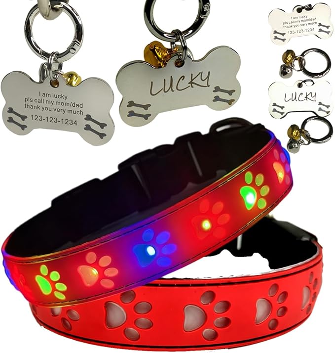 LED Dog Collar with Paw Print Design, 15 Light Modes, Waterproof, Includes Bone-Shaped Name Tag, Multiple Colors (RED Pro, S(7.87-11.8"))