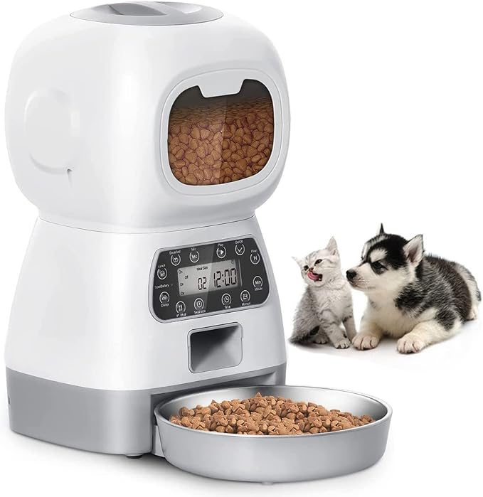 Automatic Cat Feeder 3.5L Pet Feeder Dog Food Dispenser for Cats and Dogs with Stainless Steel Food Bowl, Visible Window and Memory Function,10S Voice Recorder,4 Meal Portion Control