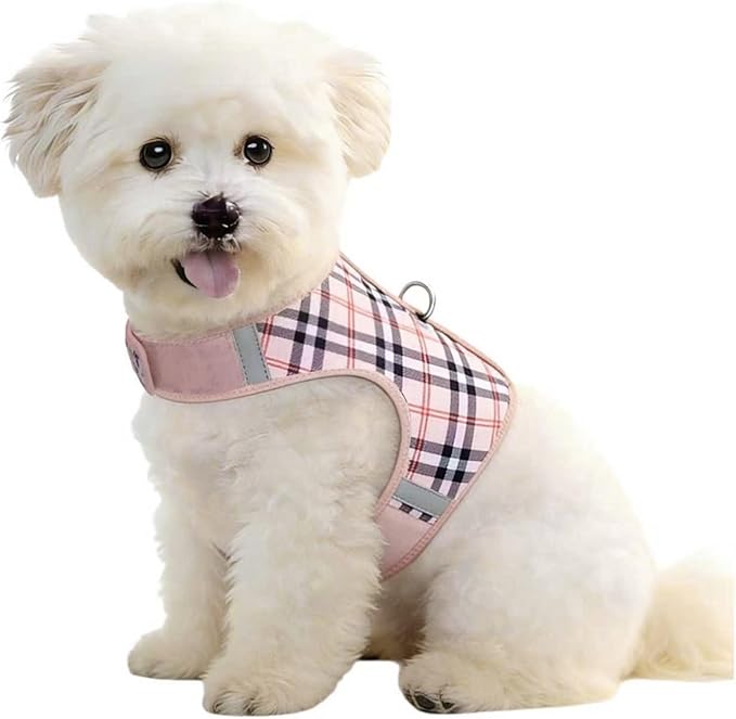 Dog Harness for Small Sized Dog,Hook-and-Loop Easy On/Off, Reflective Adjustable Soft Mesh Vest for Puppy (Checkered Beige,S)