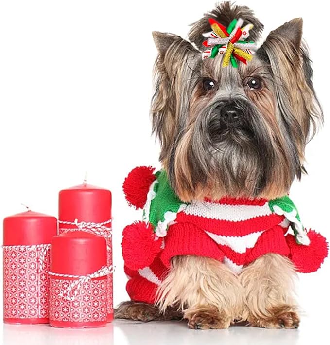 PET SHOW 20pcs/10pairs Curly Dog Hair Bows with Rubber Bands for Small Medium Dogs Spiral Puppy Swirl Topknot Cat Festival Hair Accessories Pet Favor Gift (Christmas Styles)